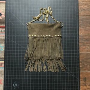 Handmade Olive Suede Fringe Crossbody